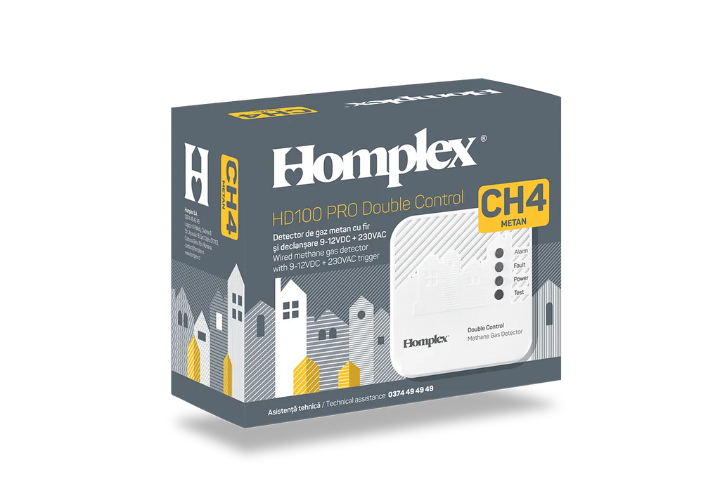 UNIC! Detector de gaz metan cu fir și declanșare dublă 12VDC/230VAC – Homplex HD100 PRO Double Control