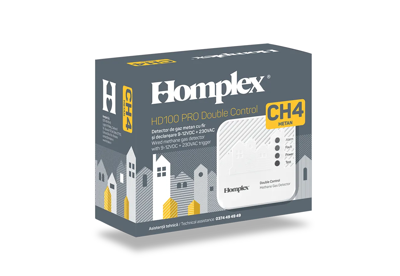 UNIC! Detector de gaz metan cu fir și declanșare dublă 12VDC/230VAC – Homplex HD100 PRO Double Control