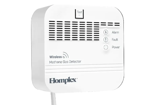 Homplex methane gas detector on a white background
